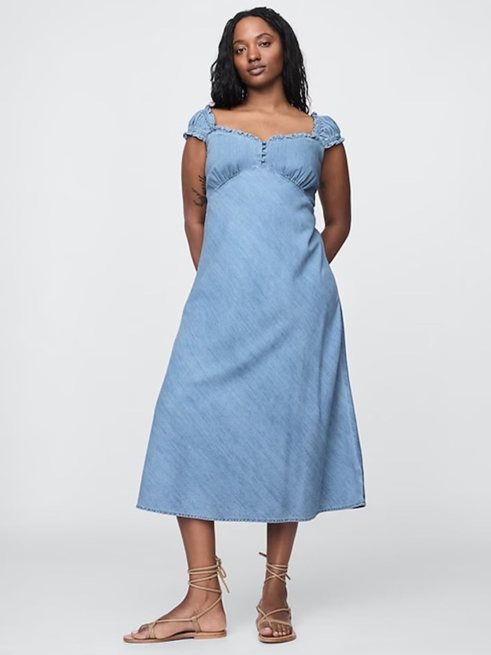 GAP | Light Wash Denim Midi Dress Sweetheart Neckline Ruffle Cap Sleeves